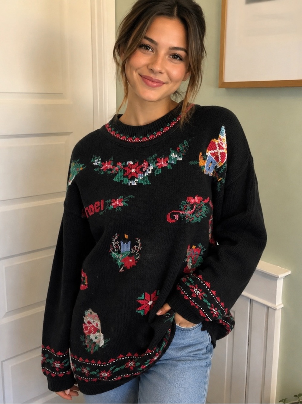 80s vintage Cotton Pullover Crewneck Sweater embroidered cottagecore